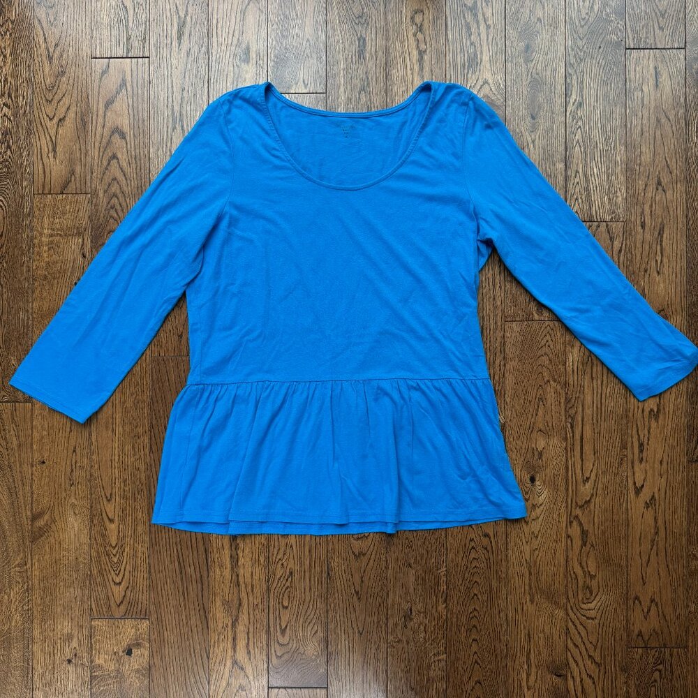 Garnet Hill Women’s Ruffle Bottom Long Sleeve Shirt Top Blue Cotton Modal XL